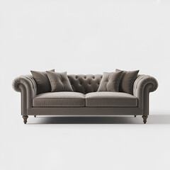 Fototapeta premium Elegant taupe velvet Chesterfield sofa with tufted back and pillows couch furniture