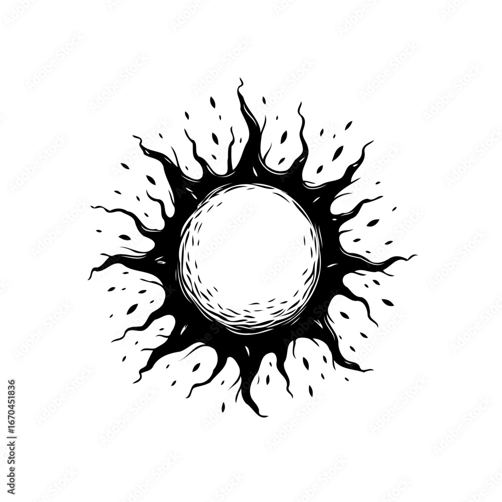 Poster abstract graphic representation of radiant sunburst with textured center creating dynamic artistic
