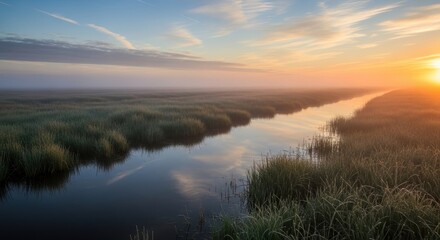 Obraz premium Tranquil sunrise over serene wetland river with lush vegetation and reflective water
