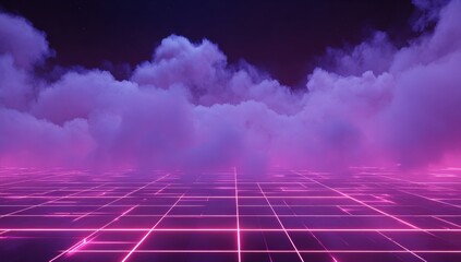 Futuristic cloud landscape with gridded floor
