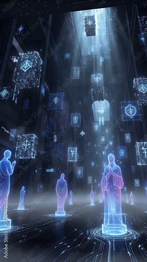 Poster digital sanctuary: an awe-inspiring digital sanctuary, where glowing figures and floating interfaces