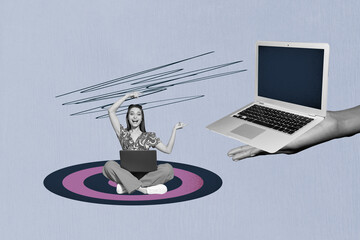 Image abstract collage of person work gadget big target with netbook screen on purple background