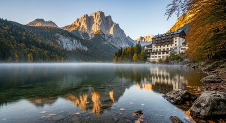 Fototapeta premium Scenic autumn lake with reflective mountains and lakeside lodge at sunrise