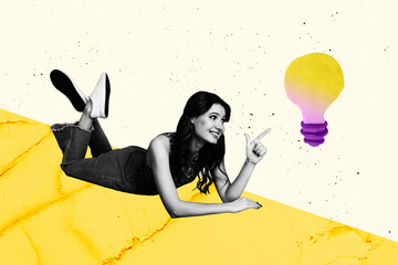 Full 3d image zine pop trend collage of happy girl lay light bulb idea finding blackout power led...