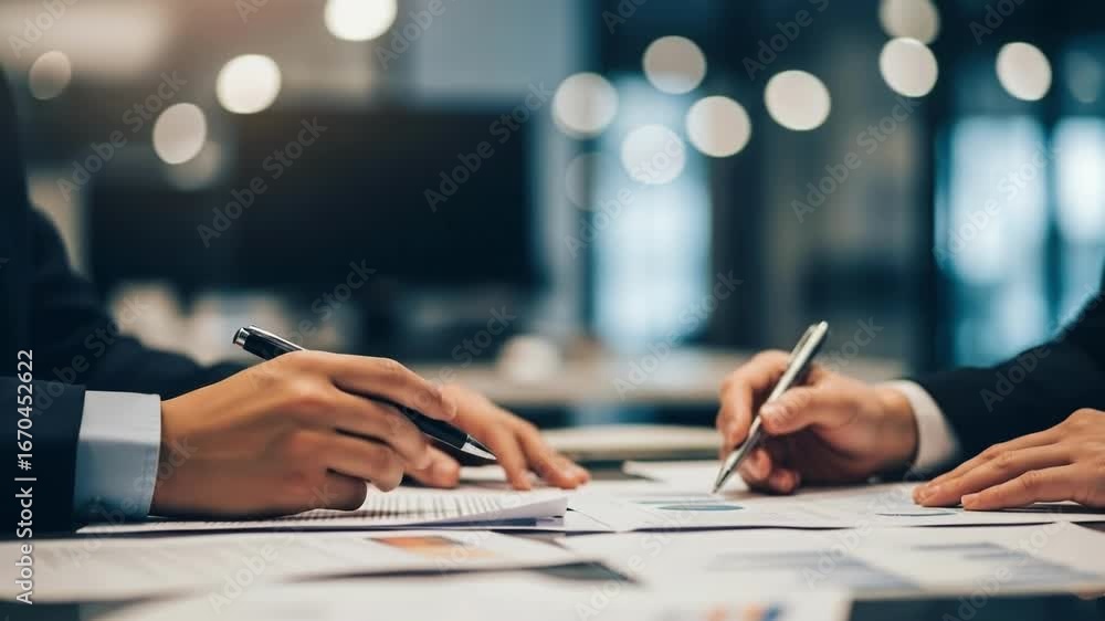 Poster two business people discussing documents and signing contracts at a table in a modern office