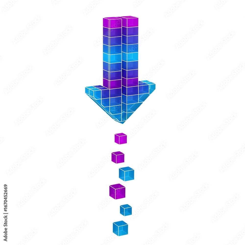 Aufkleber glowing neon arrow pointing down with abstract cubes flowing effect digital art concept isolated on 