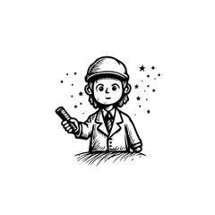 Cartoon engineer character with flashlight stands surrounded by mystical star dust and shadows