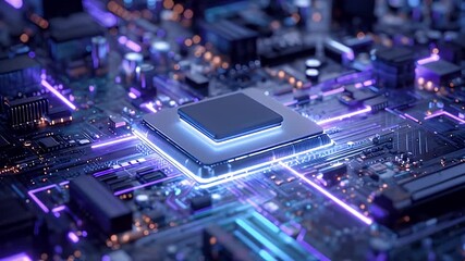 Closeup CPU microchip AI generated video glowing circuits neon lights science fiction. Digital innovation motherboard animation AI generated video technology futuristic circuits. - Powered by Adobe