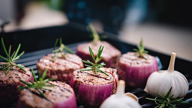 Grilled steak medallions with rosemary garlic sesame seed smoke cooking on barbecue grill wrapped in onion delivering smoky aroma and delicious flavor outdoor flame