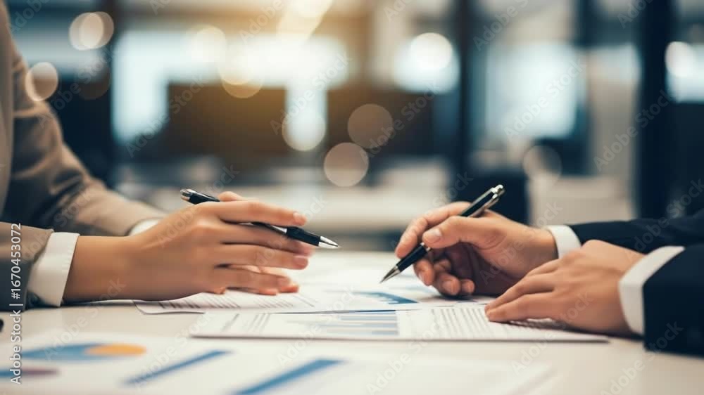 Poster two business people discussing documents and signing contracts at a table in a modern office