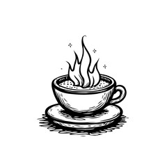 Conceptual monochrome illustration of a steaming coffee cup with flame accent portraying fiery