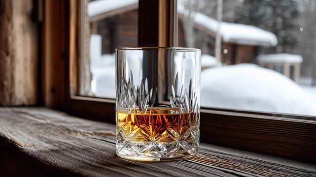 Whiskey glass with amber drink on rustic wooden windowsill inside cozy cabin snow covered landscape outside evoking warmth comfort winter season natural light reflecting cozy atmosphere