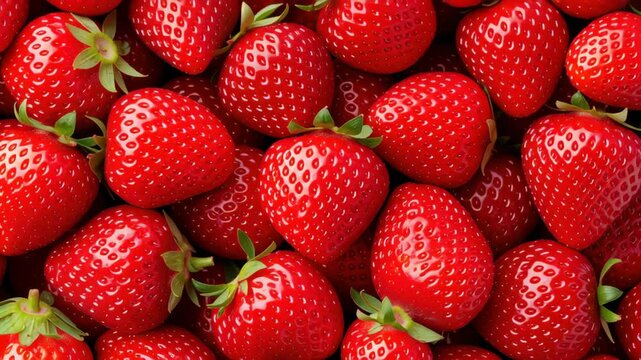 Overhead fresh abundance red strawberry closeup glossy ripe berry fruit arranged with green calyx natural texture inviting healthy snack vibrant