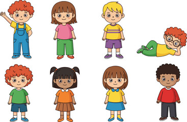 Cartoon children vector set with diverse hairstyles, clothing, and poses, playful kids illustration for education, character design, and creativity