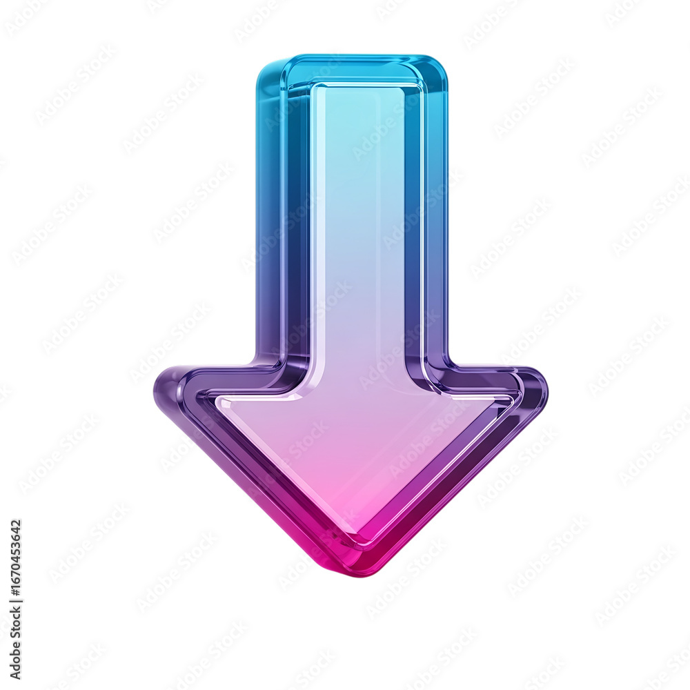 Aufkleber glass arrow pointing down with blue pink gradient effect shiny directional symbol isolated on black 