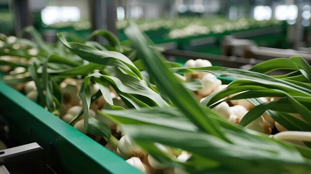 Fresh garlic bulbs with green stems on conveyor belt in modern agricultural processing facility showcasing clean organized vegetable handling and healthy farm production