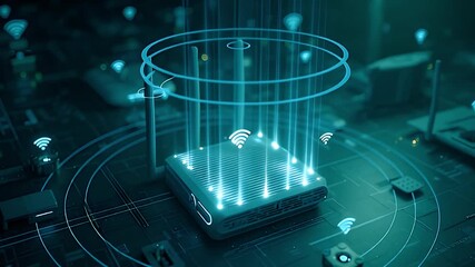 High speed internet smart home AI generated video digital innovation broadcast quality. Futuristic wireless router AI generated video network technology seamless connectivity 4K.