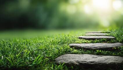Stone steps leading through a grassy field.  Sunlight in background