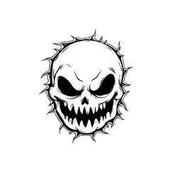 Eerie cranium illustration depicting mortality with a sinister grimace and radiating spikes for