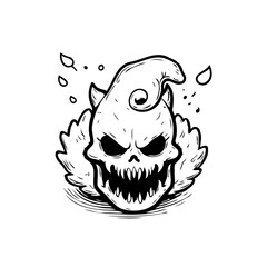 Eerie skull character illustration with whimsical hat wings and sinister grin perfect for