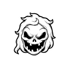 Fototapeta premium Eerie skull illustration with flowing hair offers a spooky aesthetic and a darkly comic feel for