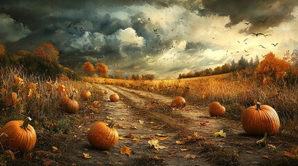 Windy Autumn Day with Pumpkins Rolling Across Field in Dynamic Motion, Dramatic Realism Landscape