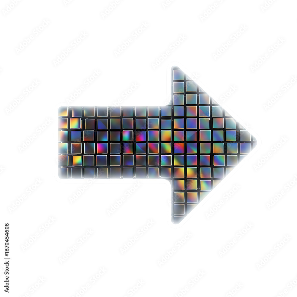 Poster abstract geometric arrow symbol with vibrant pixelated texture and glowing outline leading forward o
