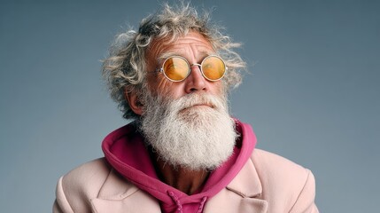 Elderly man with gray curly hair and beard, wearing stylish round sunglasses and a pink hoodie, gazing thoughtfully into the distance, embodying wisdom and a unique sense of fashion