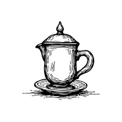 Elegant vintage sketch featuring a traditional teapot with a lid on a matching saucer for refined