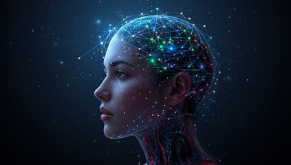 AI concept: Woman's face with digital network connections, representing artificial intelligence.