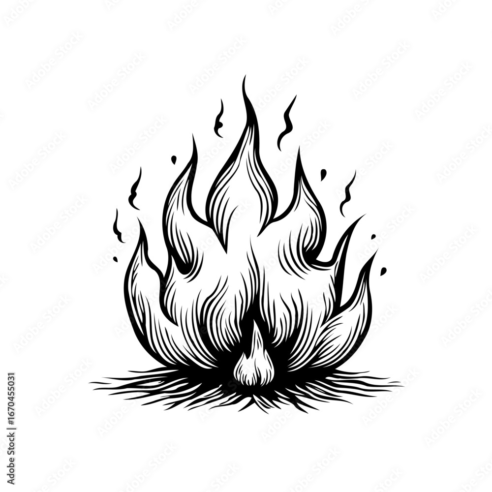 Poster Engraved fiery element illustration displaying a graphic flame with stylized linework and unique