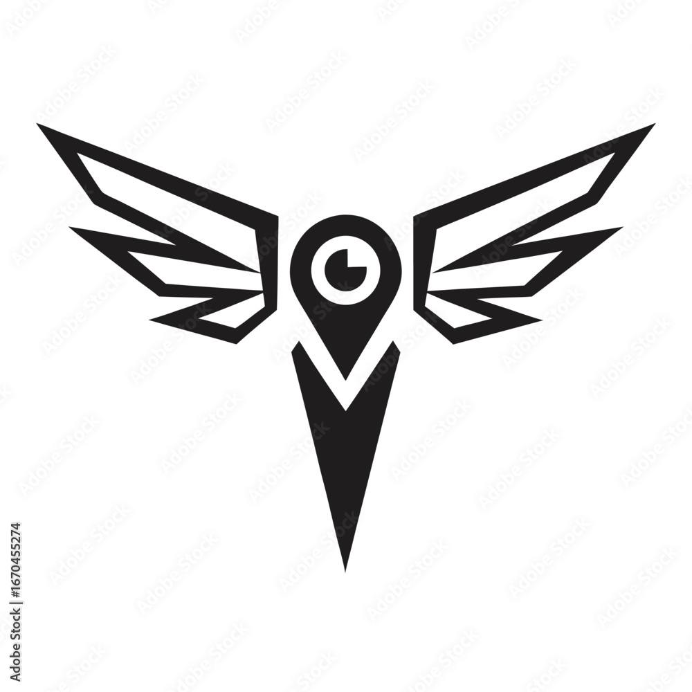 Poster black stylized location pin with wings on transparent background marker navigation