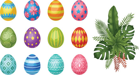 Colorful Easter eggs with tropical leaves vector set, spring holiday decoration, floral and geometric patterns for festive seasonal illustration design