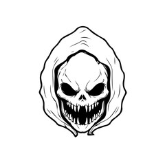 Grim hooded visage stark monochrome line art featuring menacing teeth in an aggressive posture