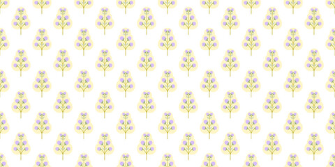 Seamless floral pattern featuring delicate purple and yellow blossoms arranged in a simple, modern design on a white background. for textile prints, fabric design, wallpaper and gift wrapping