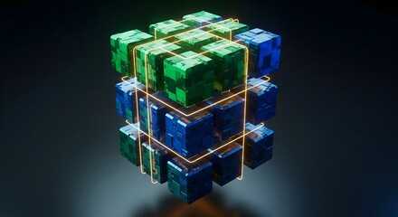Illuminated geometric crystal structure with blue and green cubes