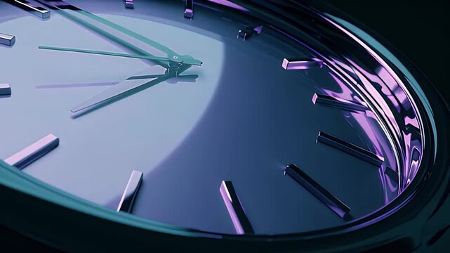 Luxury watch timepiece AI generated video sleek modern clock purple blue timelapse animation. Sleek modern clock face AI generated video close up timelapse purple blue hues luxury watch.