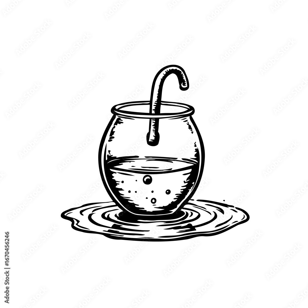 Poster ink drawing of a glass bowl with liquid and a curved straw creates whimsical charm adding a touch