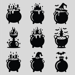 Witch Cauldron Icon Set Vector – Magic Potion Halloween Silhouette Collection