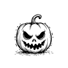 Intricate ink drawing portrays spooky carved pumpkin expressing a mischievous expression ideal for