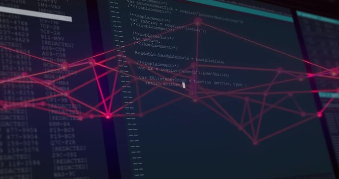 Pulsing red network graph starting pullback over console monitors syncing JS code showing evolution