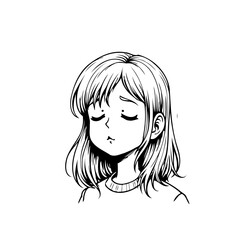 Melancholic young woman with closed eyes expressing sadness in a simple monochrome graphic style