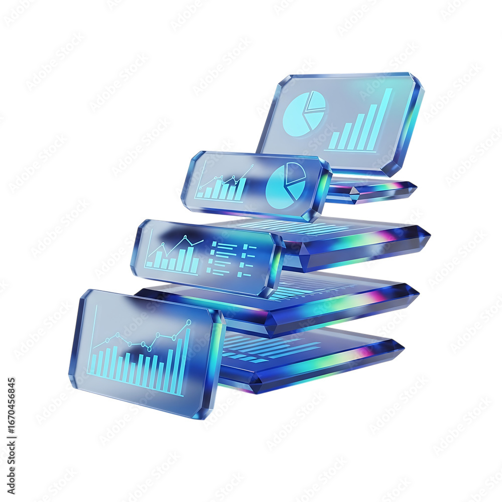 Aufkleber abstract futuristic geometric prism stack with shimmering iridescent light reflections on black isol