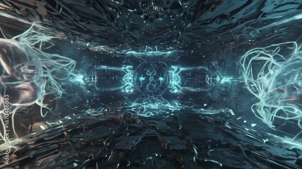 Poster futuristic digital tunnel with glowing energy streams and abstract data flow, conceptual science and