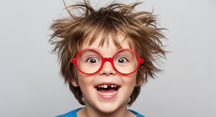 A young boy with messy hair and red glasses smiles widely, showing missing front teeth.