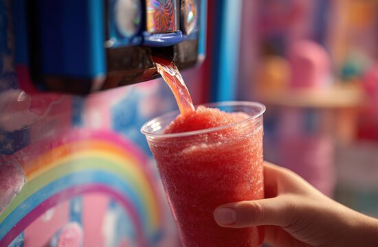 Pink slushy being dispensed from machine