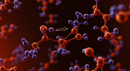 Dynamic molecular structure transformation visualized with vibrant atoms and connections in science research