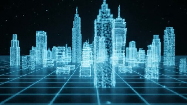 Digital cityscape blue wireframe buildings on a grid against a dark backdrop