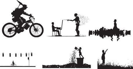 Cycling couple riding bicycles in city and park vector silhouette illustration
