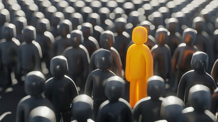 Obraz premium Bright Yellow Single Figure Standing Out Among Dark Gray Crowd of People in Group Setting